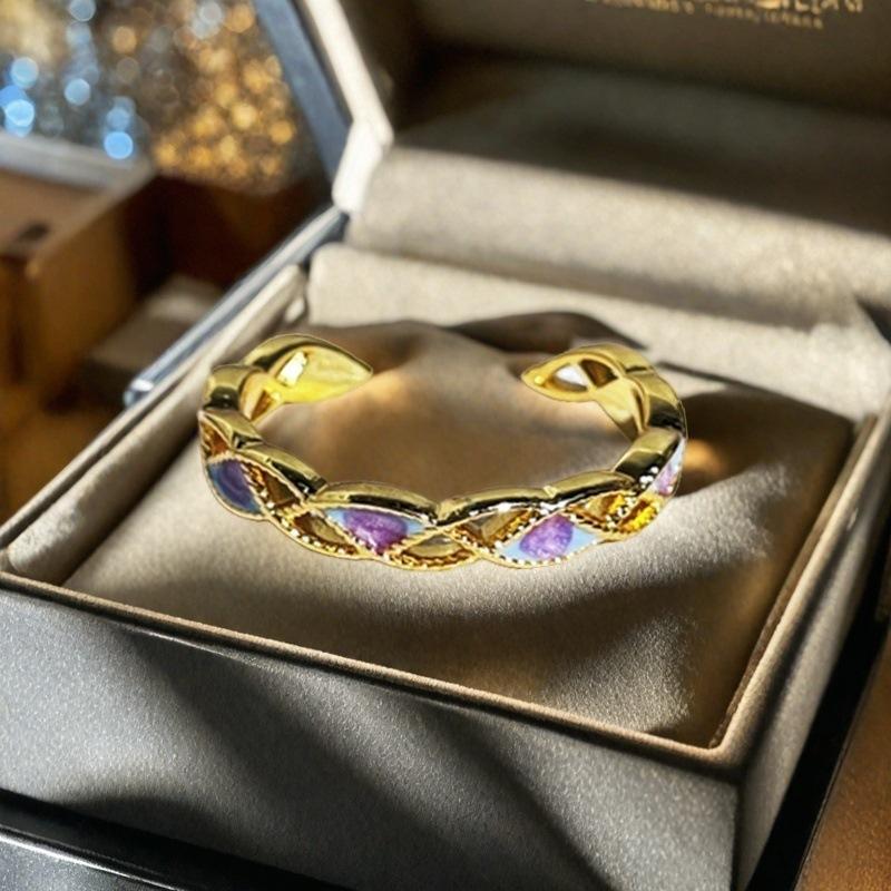 

Wisteria Flower Enamel Dripping Oil Branches Vine Green Leaf Flower Purple Peach Heart Open Ring Niche High Sense Ring Woman Adjustable opening