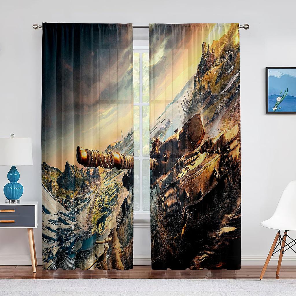 Tende Voile Tulle Carro Armato Blindato da Guerra Militare per Bambini Uomini Camera da Letto Tenda per Finestra Soggiorno Tende Trasparenti Drappeggi in Organza