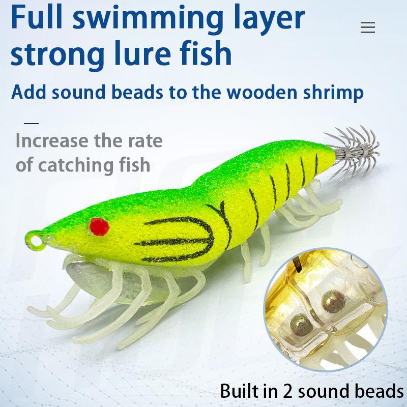 Night Glow Wooden Shrimp Squid Hook Soft Footed Bait with Sound Beads Fake Bait for Fishing