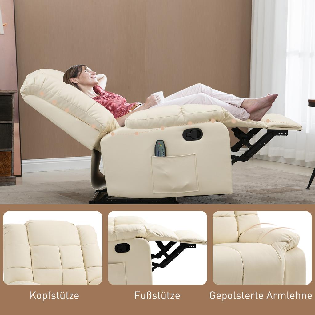 Massage Chair, Relax Chair, 8 Vibration Points, Reclining Function, Faux Leather, Cream White, 94x99x99cm