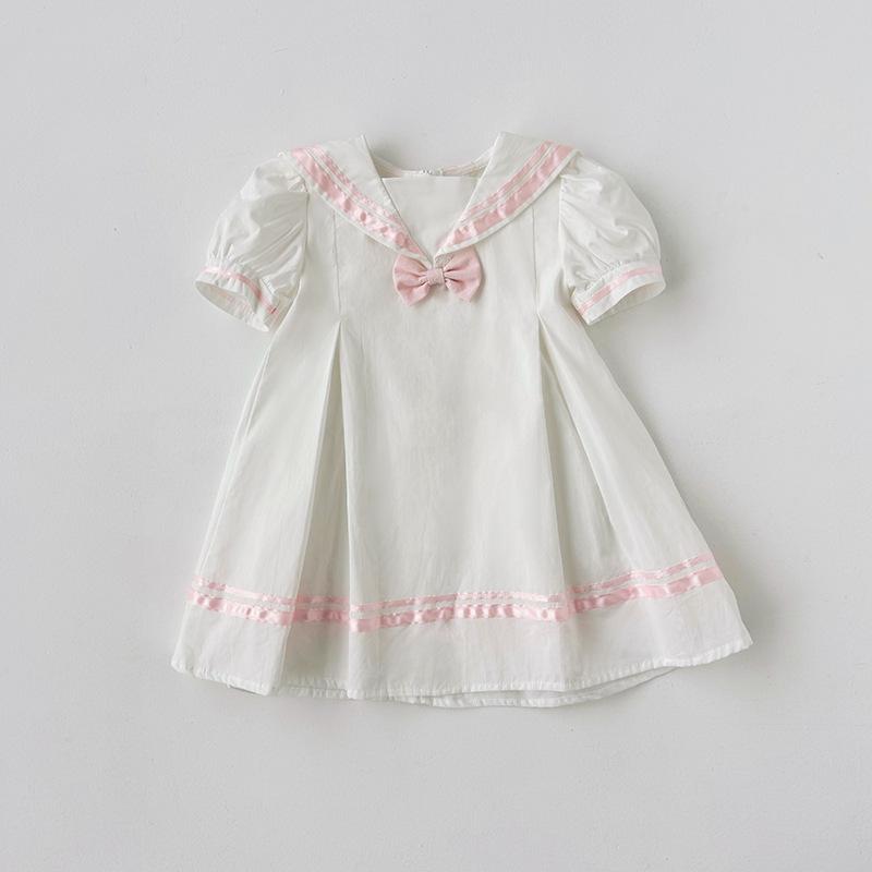 Girls Summer Navy Blue College Dress With Collar Short Sleeve Baby Princess Dress For Toddler Kids 90cm розовый