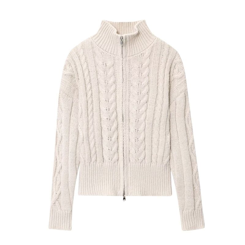 Za Export New Arrival Women's Clothing ZR Fashion Style Fashion All-Match Zipper Fancy Stand Collar Cable Stitch Knitting Cardigan