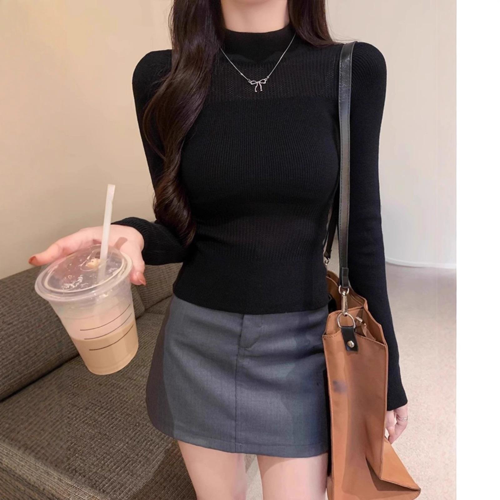

Andy velvet, spring, autumn and winter thin semi-turtleneck solid color inner long-sleeved knitted sweater hollow sweater blouse One size fits all чорний