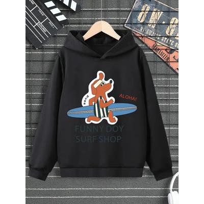 Autumn And Winter Children Fashion Black Sports Hoodie, Dog Holding Surfboard Cartoon Print, Suitable For Daily Travel