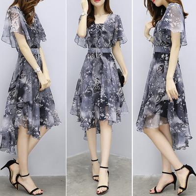 Women Floral Chiffon Flower Dress Trends In Ladies Elegant V Neck Short Sleeve Korean Style Summer Dress Female Clothes