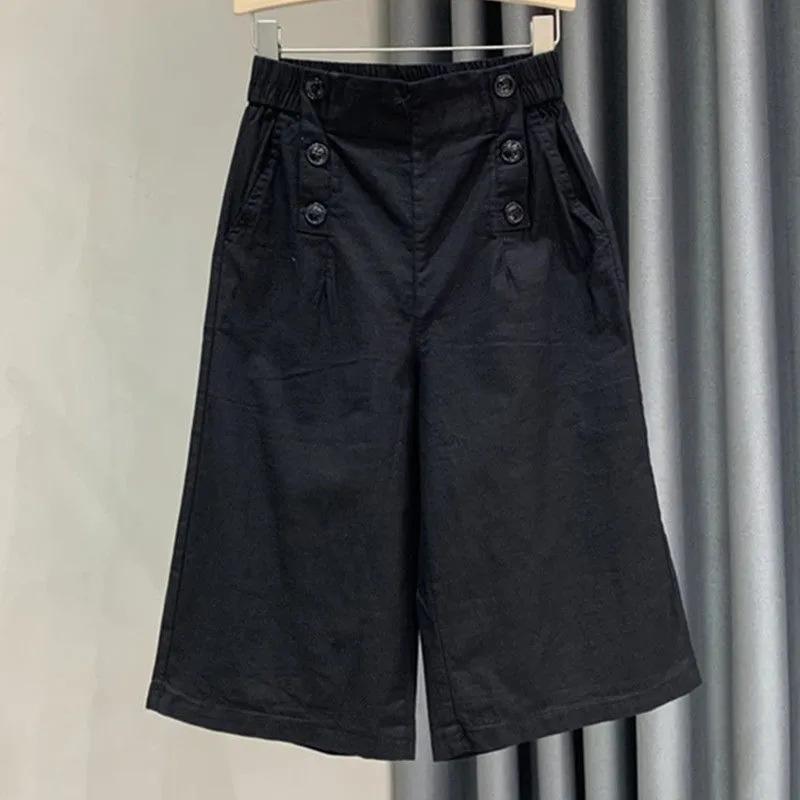 Cotton Cropped Pants for Women In Summer Elastic High Waisted Slimming and Wide Leg Casual Pants with Versatile Temperament Thin Mid Length Pants
