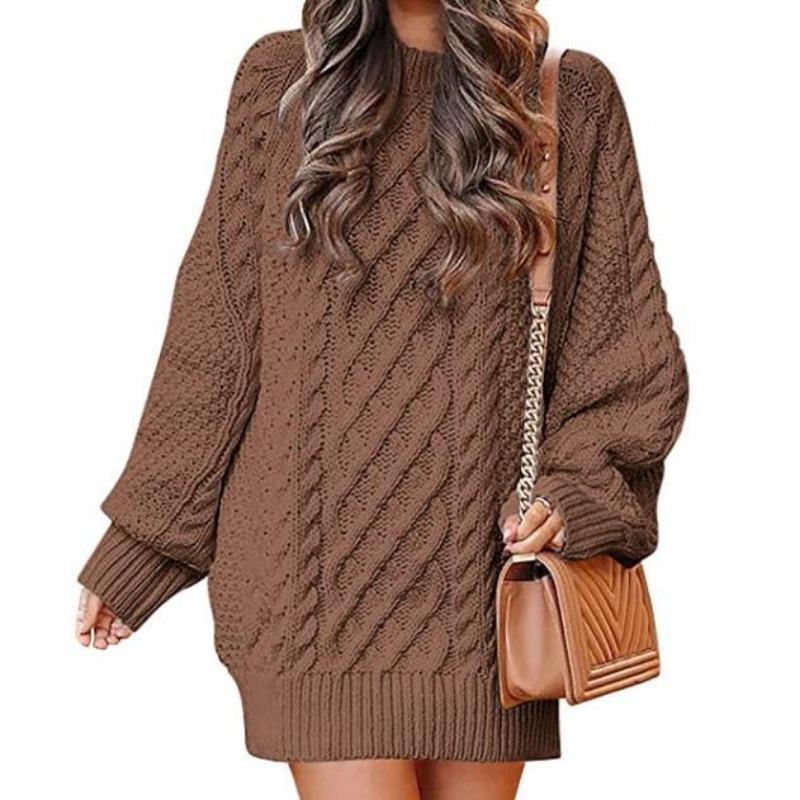 2025 New Women's Oversized Chunky Knit Dress | Cable Crew Neck Long Sleeve Sweater | Warm Mid-Length Pullover for Winter AW25 Fashion (S-3XL)