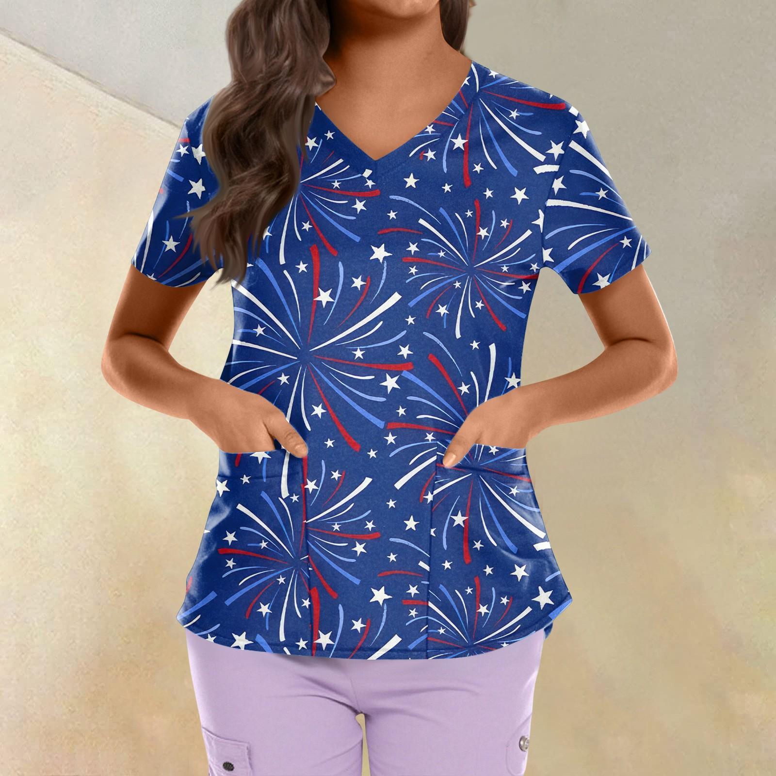 

Plus Size Printed Scrub Working Uniform Tops For Women s Cross V Neck Independence Day Print Short Sleeve Fun T-Shirts Workwear Tee With Pockets L