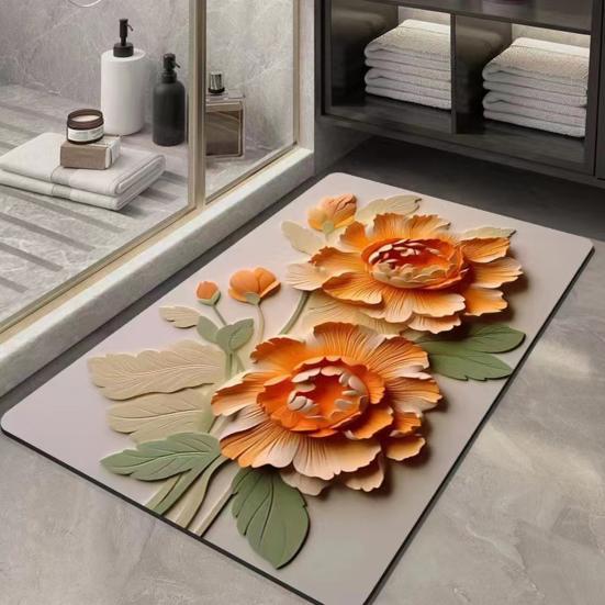 3D Floral Bath Mat Diatomaceous Earth Absorbent Floor Mat Anti Slip Realistic Oil Painting Flowers Bathroom Rug for Home Entrance Shower Kitchen