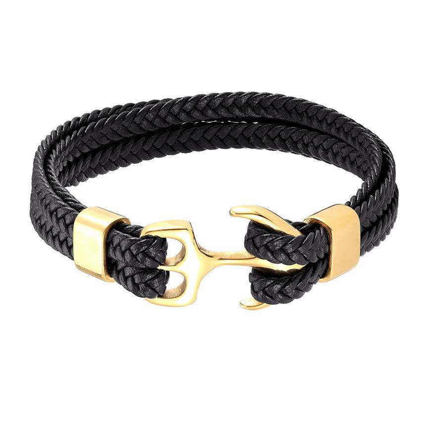 2026 Men's Titanium Steel Bracelet Black Cowhide Braided Anchor Leather Bracelet Leather Rope