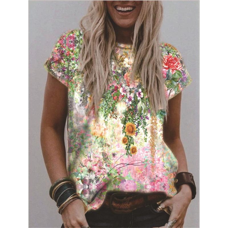 Summer Round Neck 3D Flower Print Top Fashionable Casual Short Sleeved Women's T-shirts