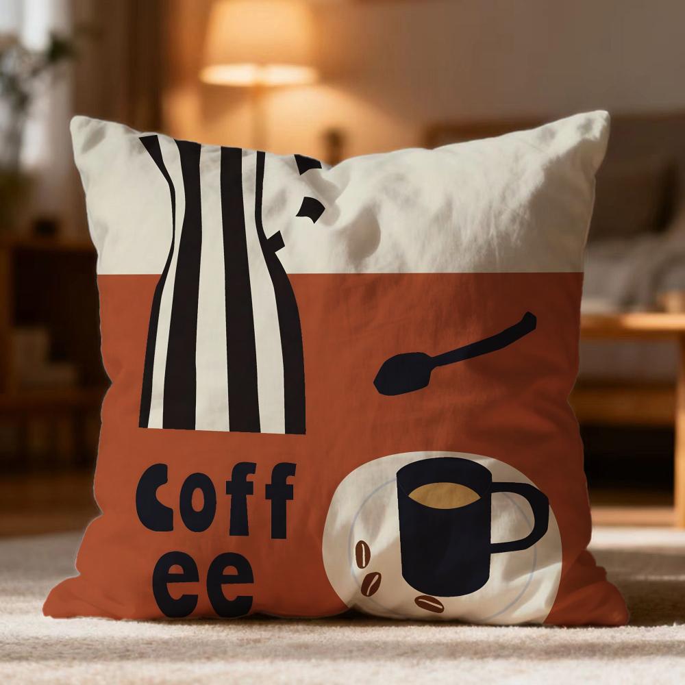 Fashion Coffee Illustration Cushion Cover Soft Washable Pillow Case Multi-Scene for Couch Bed Travel Office Use