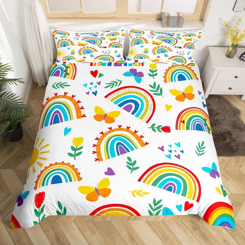 Rainbow Duvet Cover King Size With Pillowcases, Colorful Comforter Cover Multicolor Bedding Set Bedroom Decor for Kids Adults