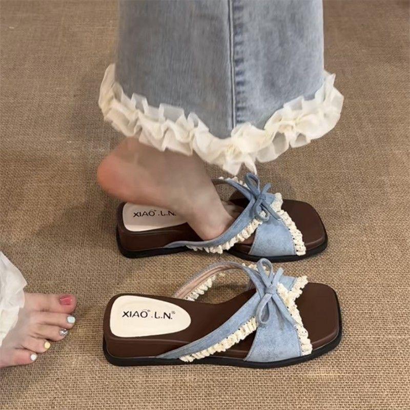 One Pedal Sweet Wind Lace Cross Buckle Bow Slope Heel One-word Drag Women's Summer Non-slip Thick-bottomed Sandals