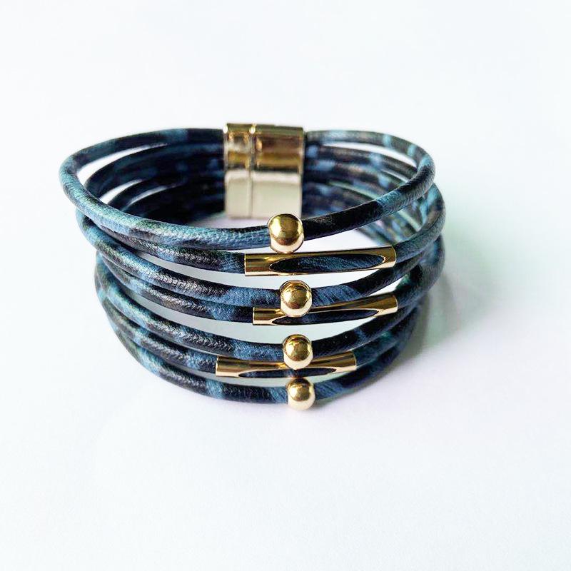 Leopard Print Magnetic Buckle Leather Bracelet: Alloy Beaded Cord with Copper Tube