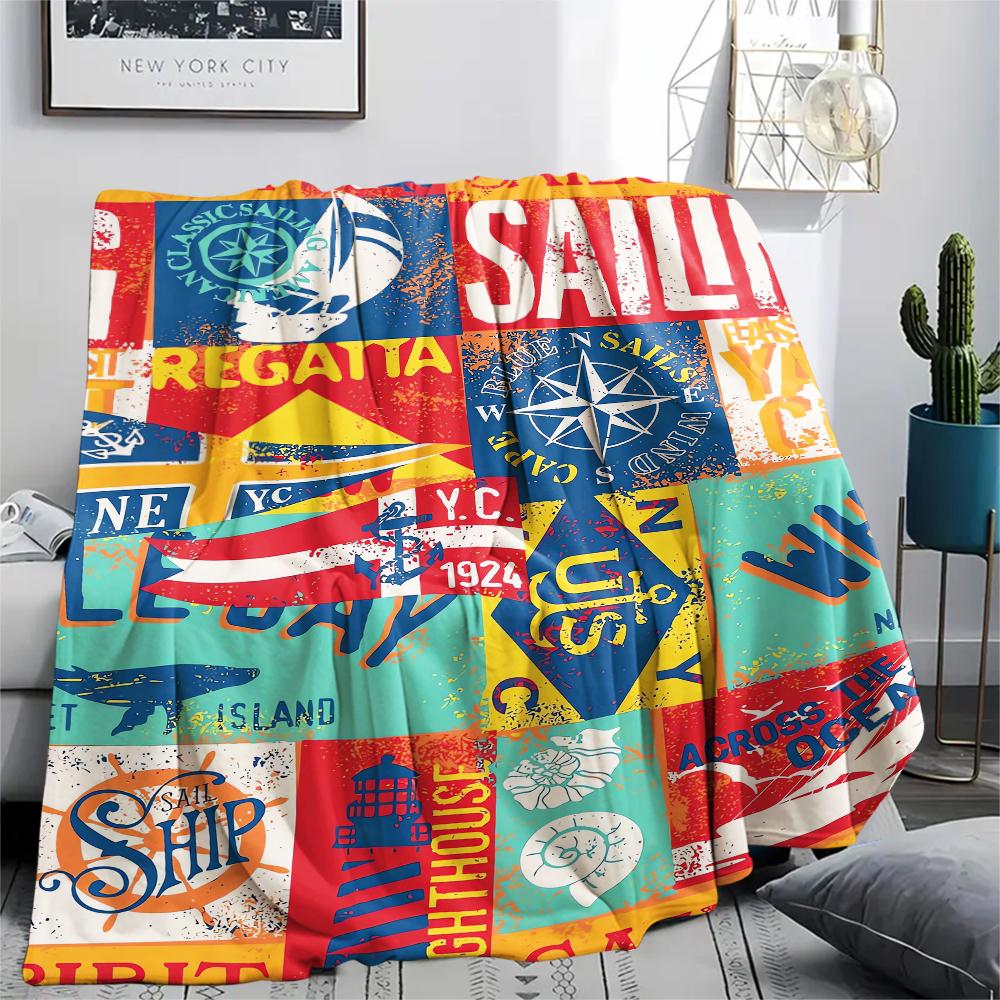 1Pc Nautical Print Flannel Blanket, High quality Comfortable for All Seasons, Home Decor, Warmth and Comfort, Perfect for Christmas Gifts
