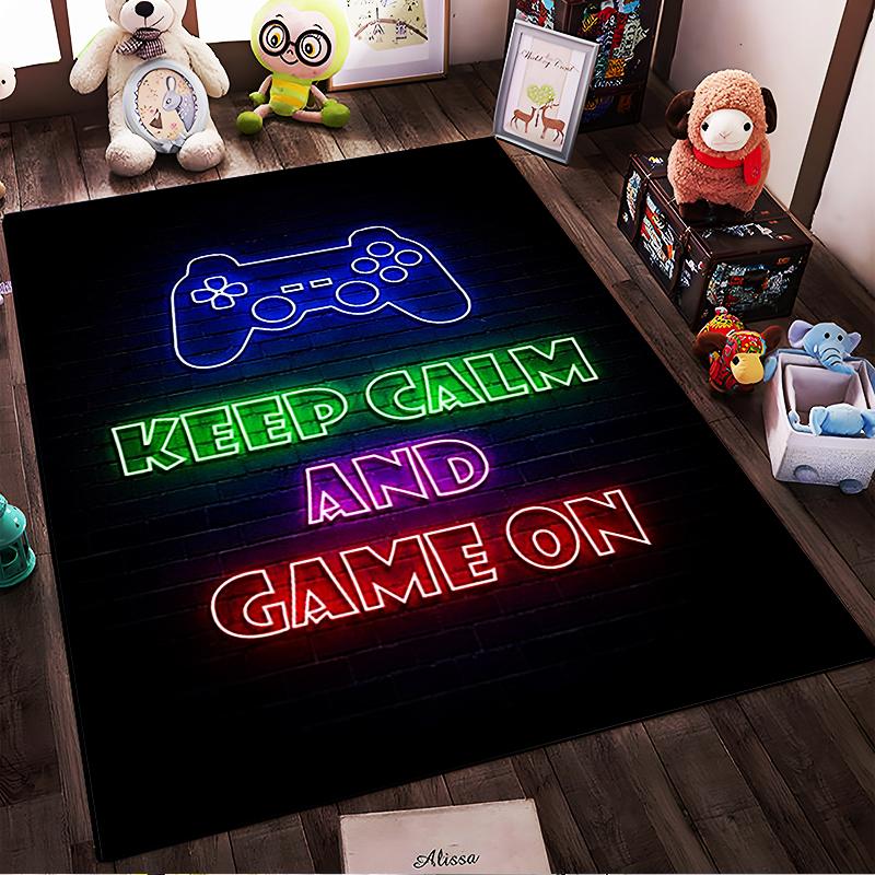 Gaming Carpet with Controller Neon Design and "Keep Calm" Text Suitable for Use As an Anti-slip for Living Room Bedroom Sofas