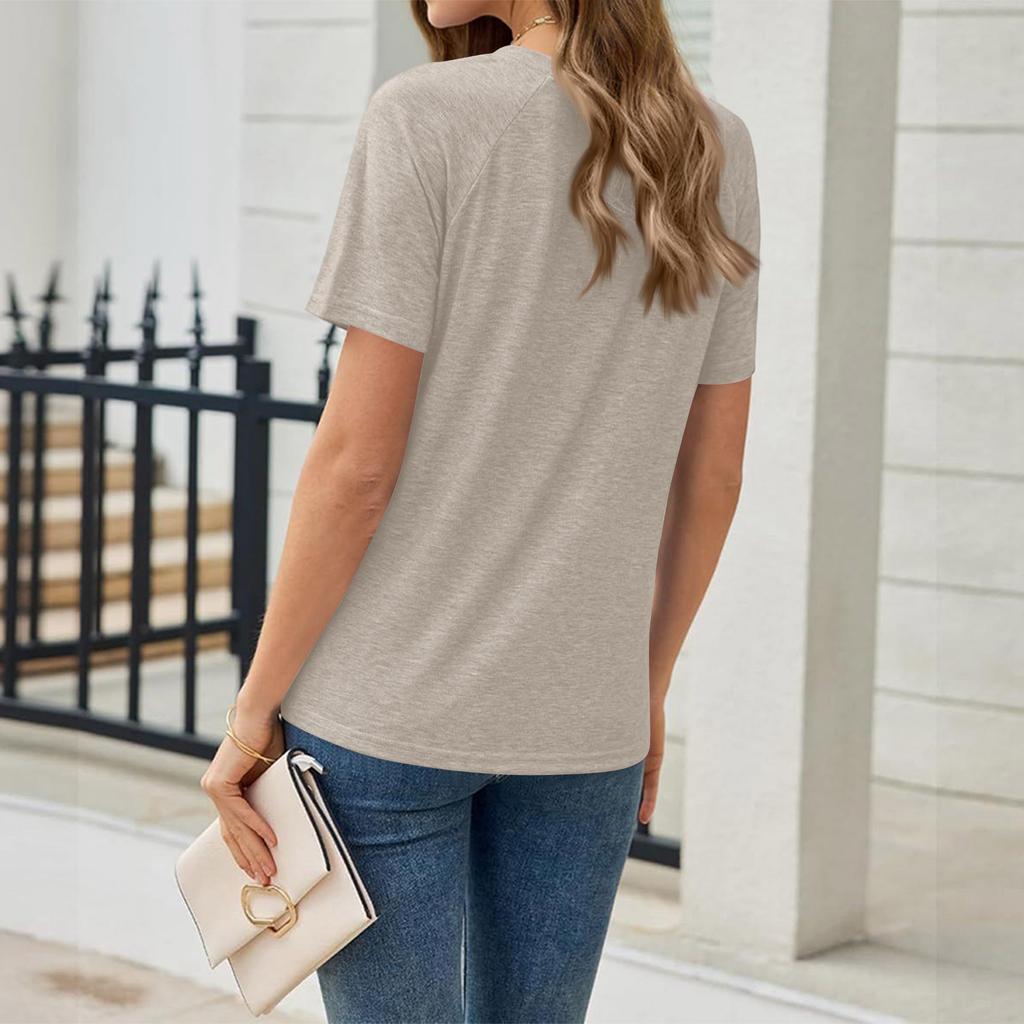 Women's Fashionable Casual Patchwork Cross Button Decoration Loose Short-Sleeved T-Shirt Top