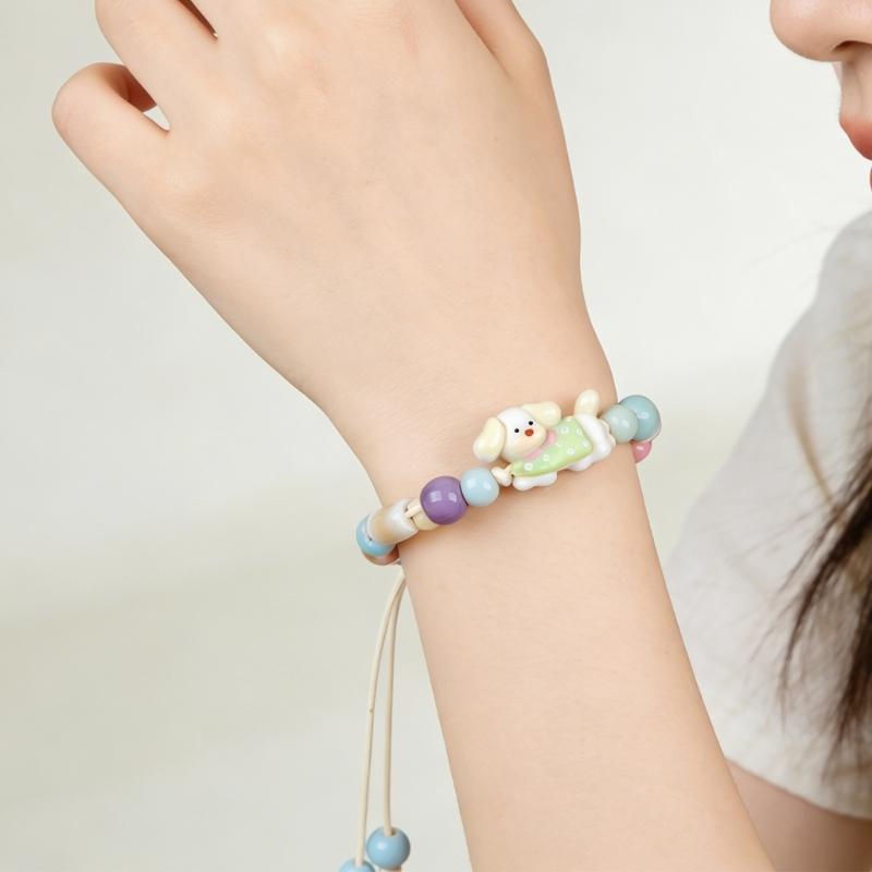 Handmade Tribal Pattern Ceramic Bead Bracelet Elastic String Adjustable Wristband Travel Ethnic Wrist Accessory