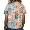 Damen Vintage Blumenmuster Polohemd Knopfleiste Kurzarm Lockerer Schnitt Lässiges Oberteil aus Baumwoll-Leinen-Stoff