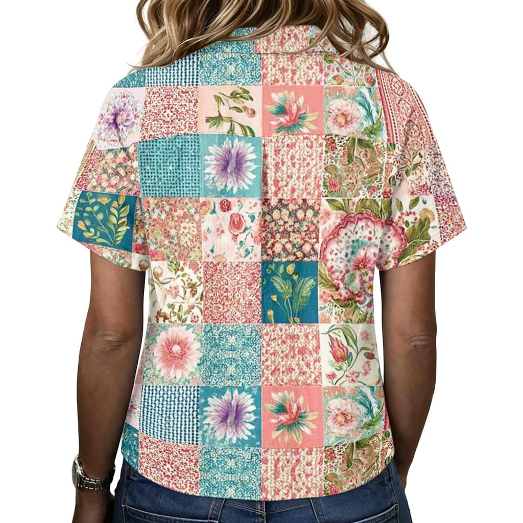 Damen Vintage Blumenmuster Polohemd Knopfleiste Kurzarm Lockerer Schnitt Lässiges Oberteil aus Baumwoll-Leinen-Stoff