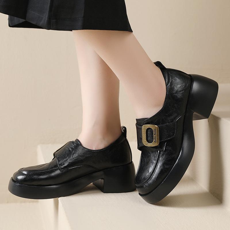 British Fashion Women's Loafers 2025 Autumn New Soft Leather Round Head Platform Shoes Thick Heel Retro Small Leather Shoes