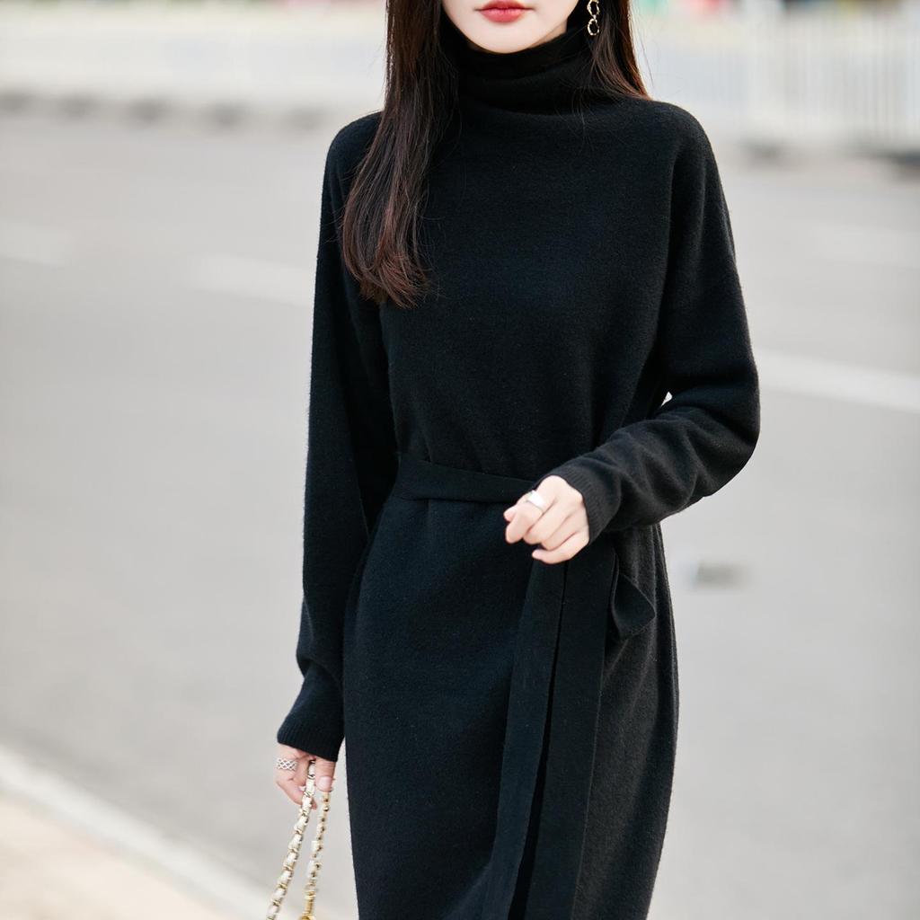 Elegant Stacked Collar Wool Sweater Dress for Women, Knee-Length, Slimming Fit, Solid Color, Perfect Base Layer Sweater.