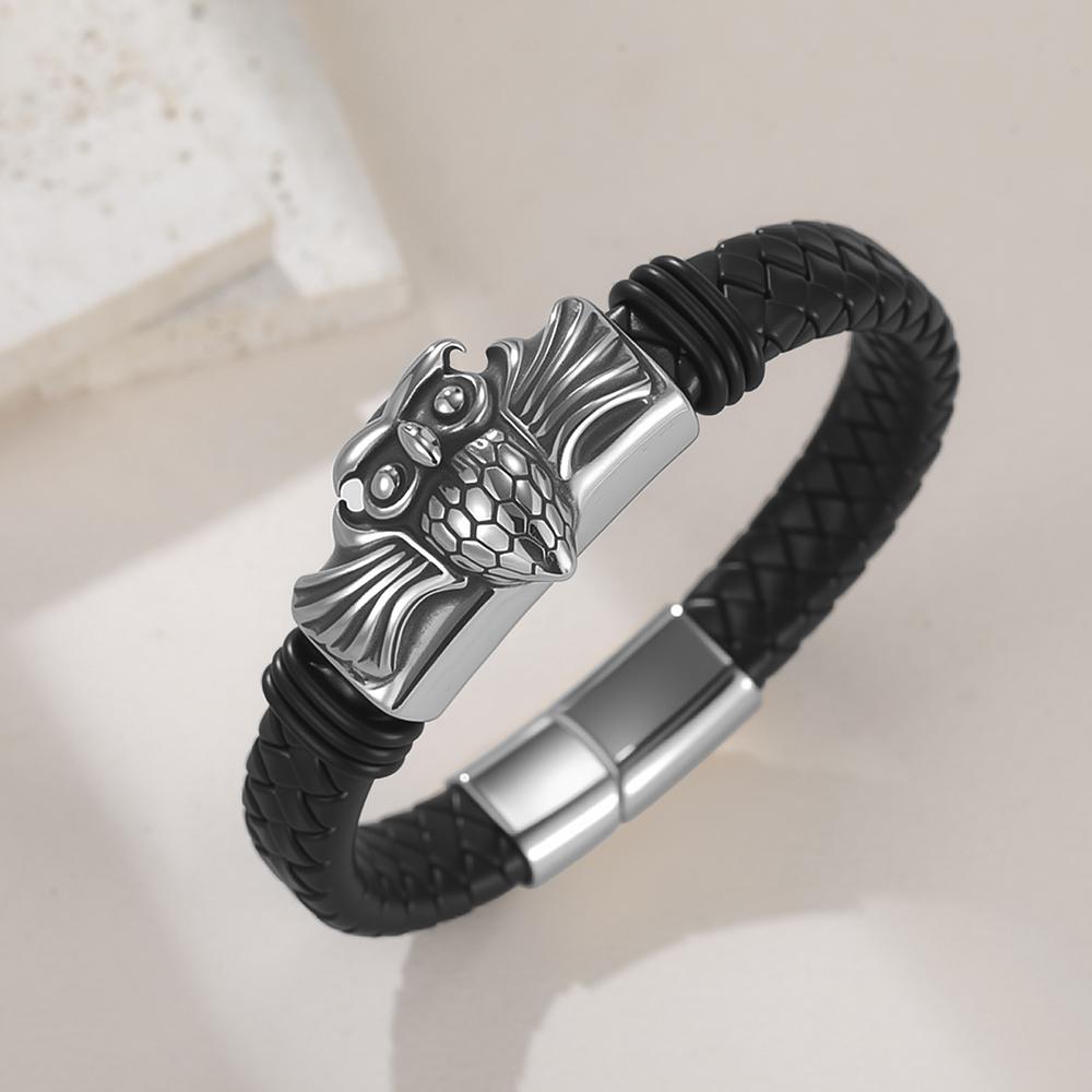 Dawapara Punk Flying Eagle Owl Bangle Bracelet 20cm Black Leather Wristband for Men Stainless Steel Jewelry