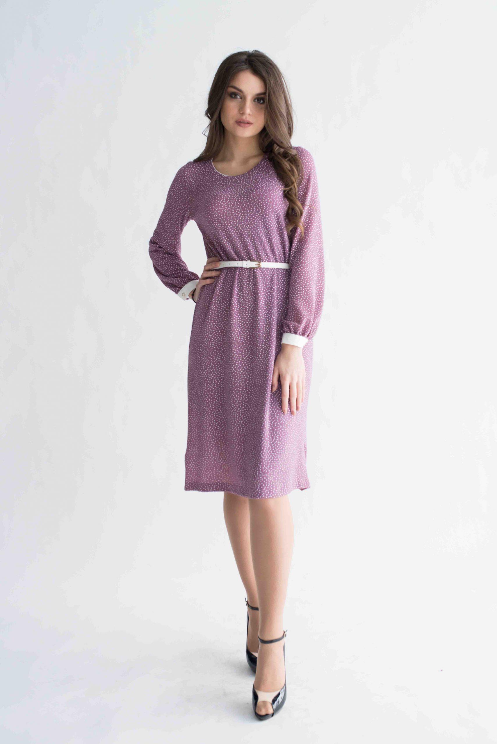 

Вільна трикотажна сукня в горох 36 пастельні фіолетовий колір