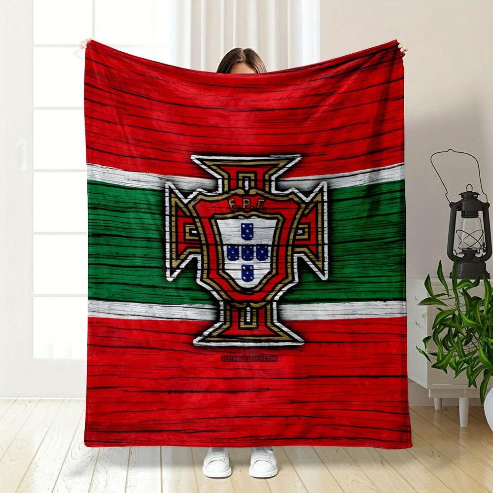 Central crest over a red, green, and white horizontal striped background. for all seasons blanket lunch break throw gift
