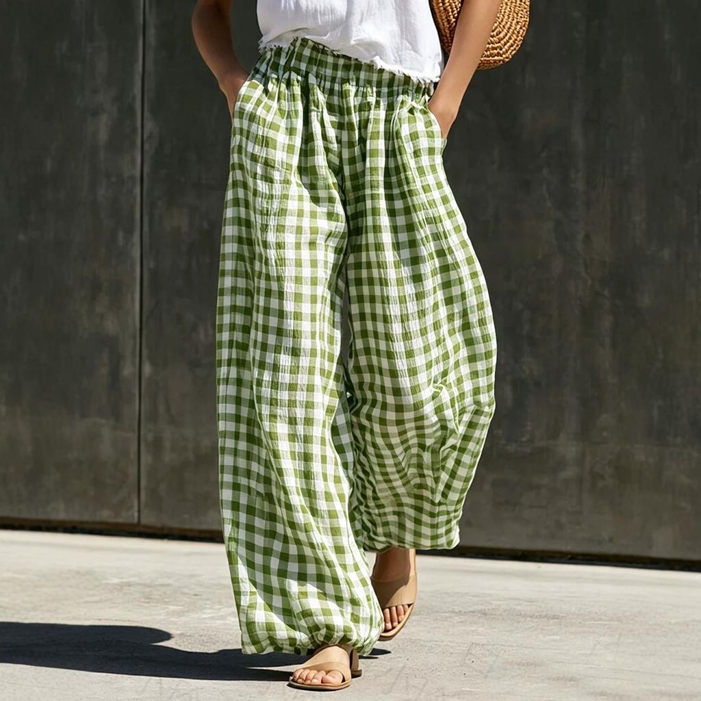 Women's Trendy High Waisted Plaid Pants with Elastic Waistband and Pockets for Casual Daily Wear