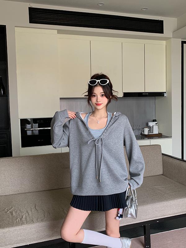 

2026 Spring Women s V-Neck Hooded Sweatshirt & Striped Halter Tank Two-Piece Set XXL