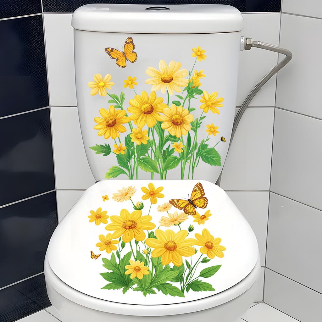 Yellow Chrysanthemum Butterfly Toilet Decoration Stickers, Bathroom Toilet Beautification Stickers