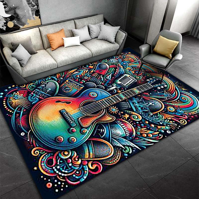 Colorful Abstract Guitar Design Carpet with Musical Elements Pattern Suitable for use as an anti-slip for living room bedroom sofas