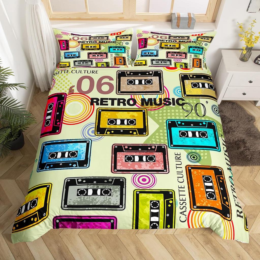 Cassette Tape Duvet Cover Twin Queen Vintage 80S 90S Memphis Comforter Cover Geometric Checkered Triangle Lightning Bedding Set