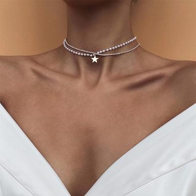 Boho Fashion meerlaagse vergulde ketting met kunstparels en kristallen voor dames, vintage sterrenhanger met pailletten.