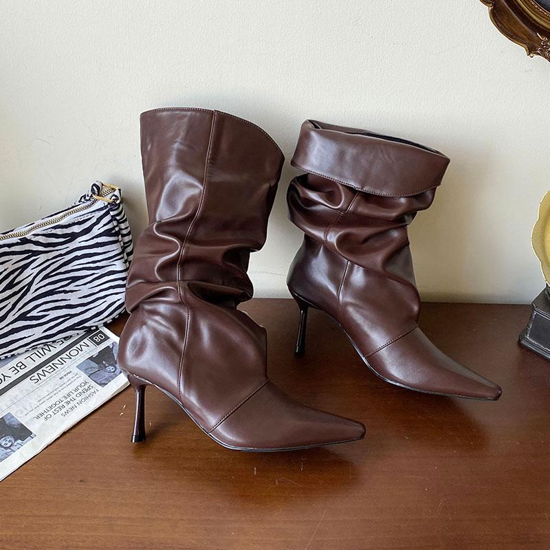 Fashion Fashion Pleated Ladies Modern Boots Shoes Thin Heels Footwear Pointed Toe Women Short Boots Female Slip On Shoes Pumps