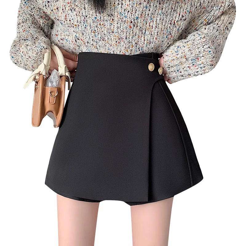 Petite Women's High-Waisted A-Line Black Culottes - Autumn Two-Piece Bootcut Shorts Suit