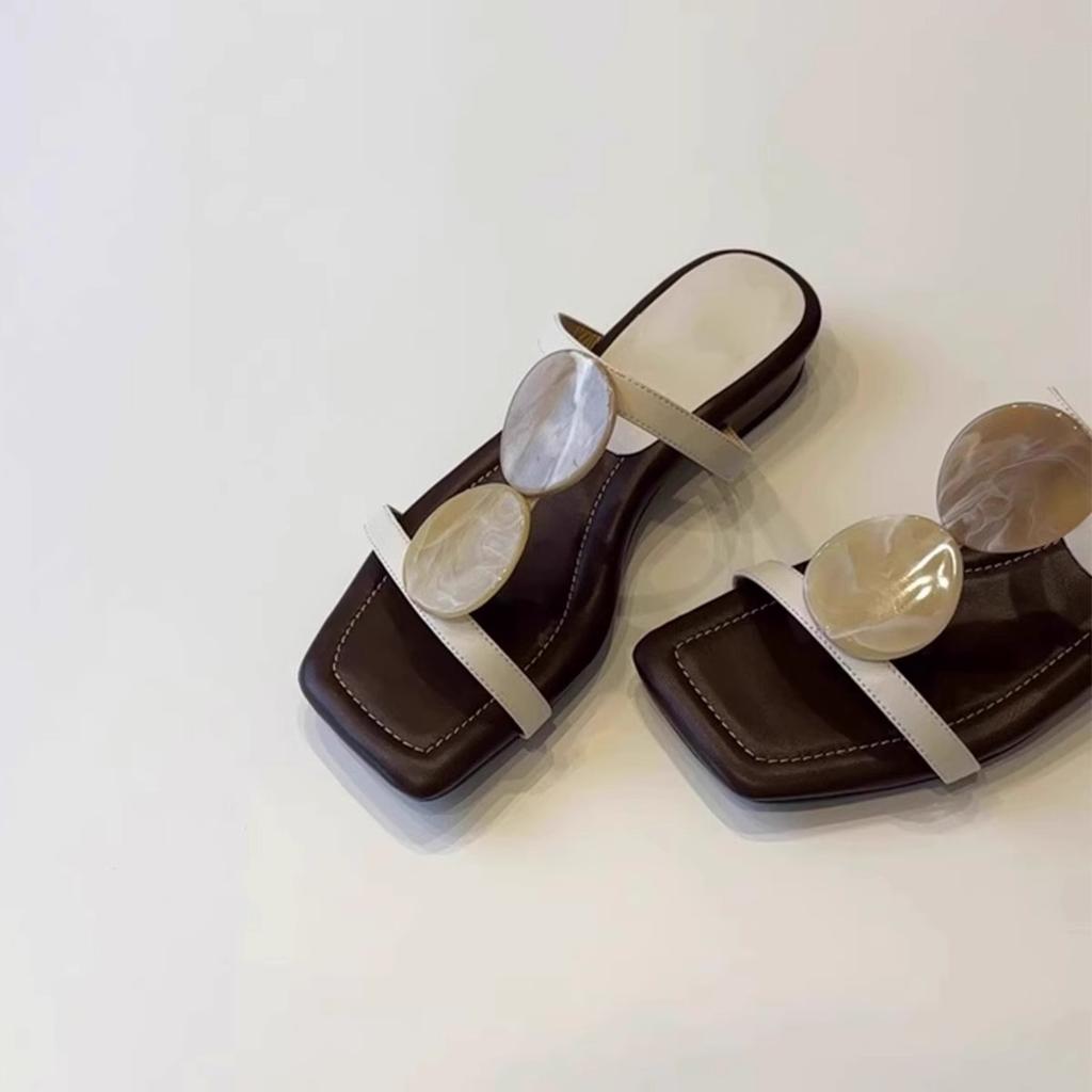 [Fanfna] French One-word Cool Slippers for Women, Open-toed Square Head Temperament Roman Shoes, Flat Beach Shoes for Women