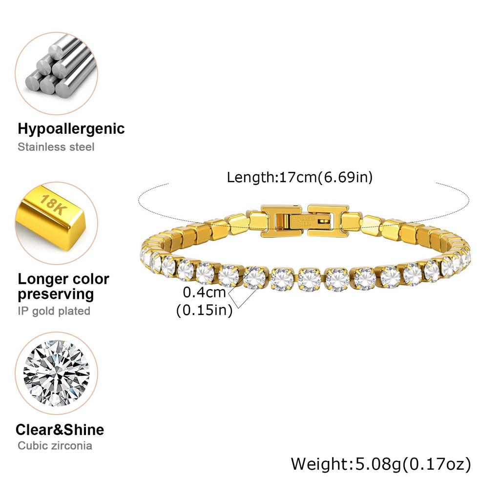 Tennis Bracelet for Women Men 4mm Stainless Steel Zirconia Chain 17cm 20cm 23cm Wristlet Box Clasp Waterproof Jewelry