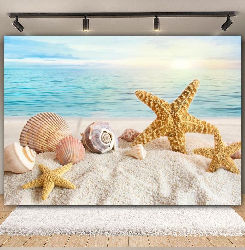 Sommer Strand Sand Hintergrund Fotografie Tropisch Hawaii Meeresufer Seestern Muschel Baby Geburtstag Feiertagsparty Hintergrund Foto Requisiten
