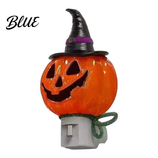 Halloween Party Lighting Pumpkin Ghost Night Light with Witch Hat Resin Soft Glow Plug-in LED Bedroom Light Spooky Wall Sconce for Home Decorative