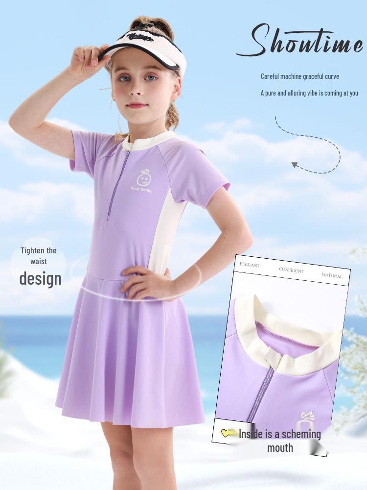 2026 Girls' One-Piece Swimsuit: Sun Protection, Quick-Dry, Short-Sleeve Swimwear for Medium & Large Children