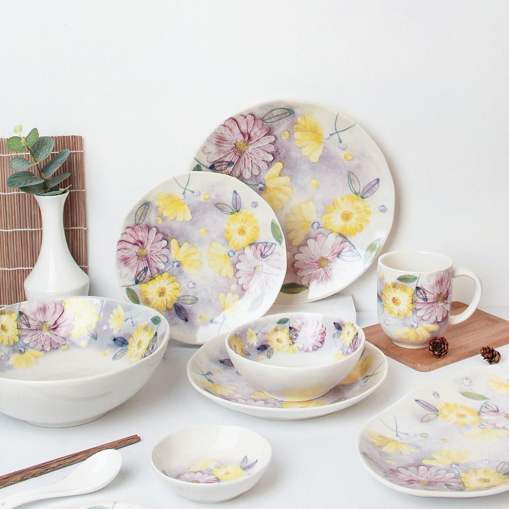 Keramikschale im japanischen Stil mit Blumenmuster, unregelmäßiger Teller, hoher Wert, großes Fassungsvermögen, Suppenschale, Salatschüssel, Frühstücks-Dessertteller, Fischteller