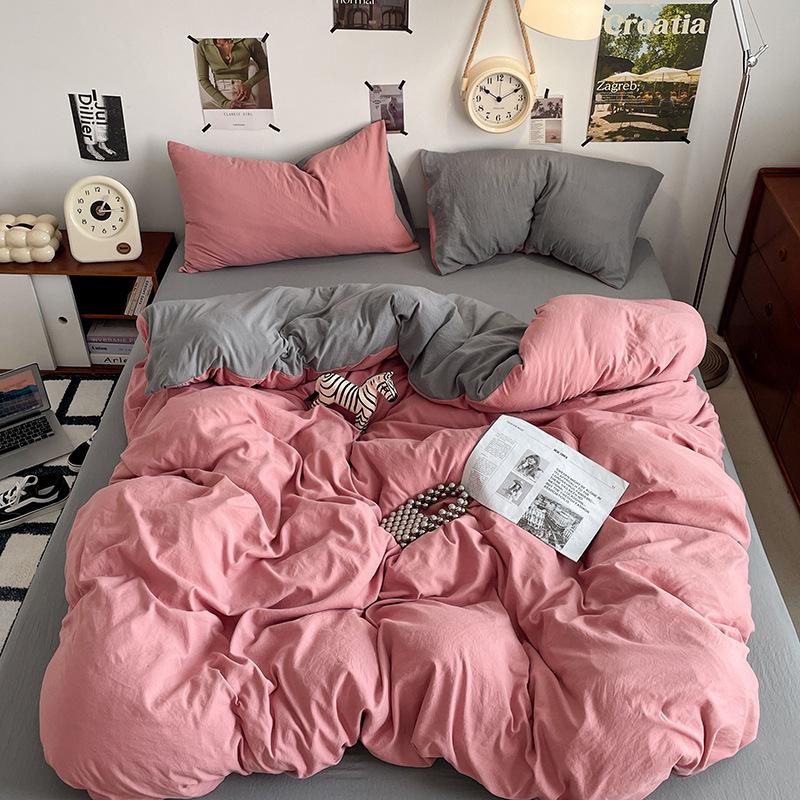 Ultra-soft Solid Color Washed Cotton Bed 4-piece Set Duplex Student Dormitory 3-piece Bed Sheet Quilt Cover Bedding