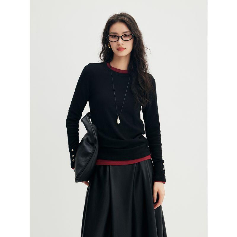 

Newborn Cotton Elegance Small Golden Button Rib Brushed Long Sleeve T-shirt Women s 24 Winter Inner Wear Bottoming Shirt Sunken Stripe Texture Classic Black S