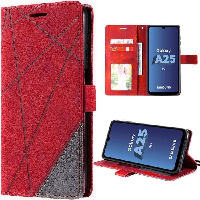 Coque pour Samsung Galaxy A25 5G - Rouge - Style Rétro - Cuir PU - Antichoc - Fentes pour Cartes
