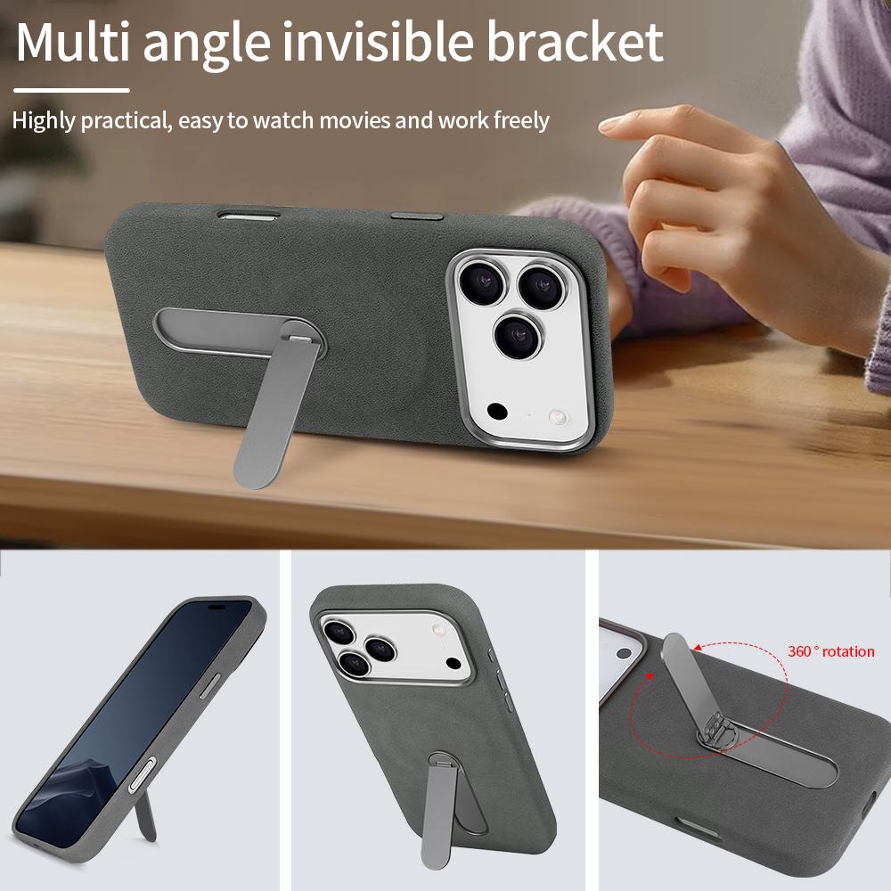 Suede PU Leather Magnetic Phone Case for iPhone 17 pro with 360° Rotatable Metal Holder Compatible with iPhone 17/16/15 Pro Max