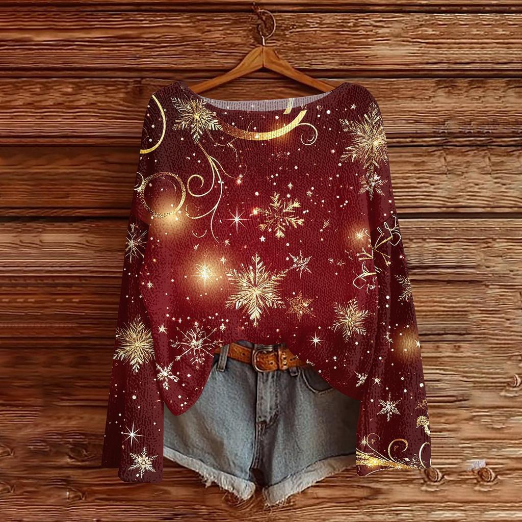 Women's Round Neck Lightweight Sweater Casual Long Sleeve Christmas Print Knit Pullover.