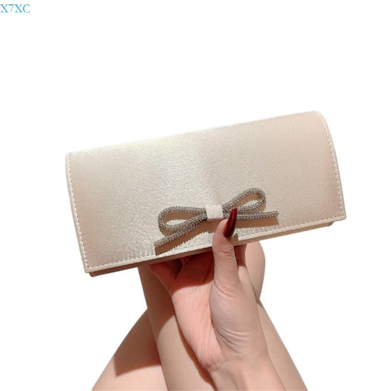X7XC Fashionable Silky Evening Bag Rhinestones Bowknot Handbag for Formal Functions